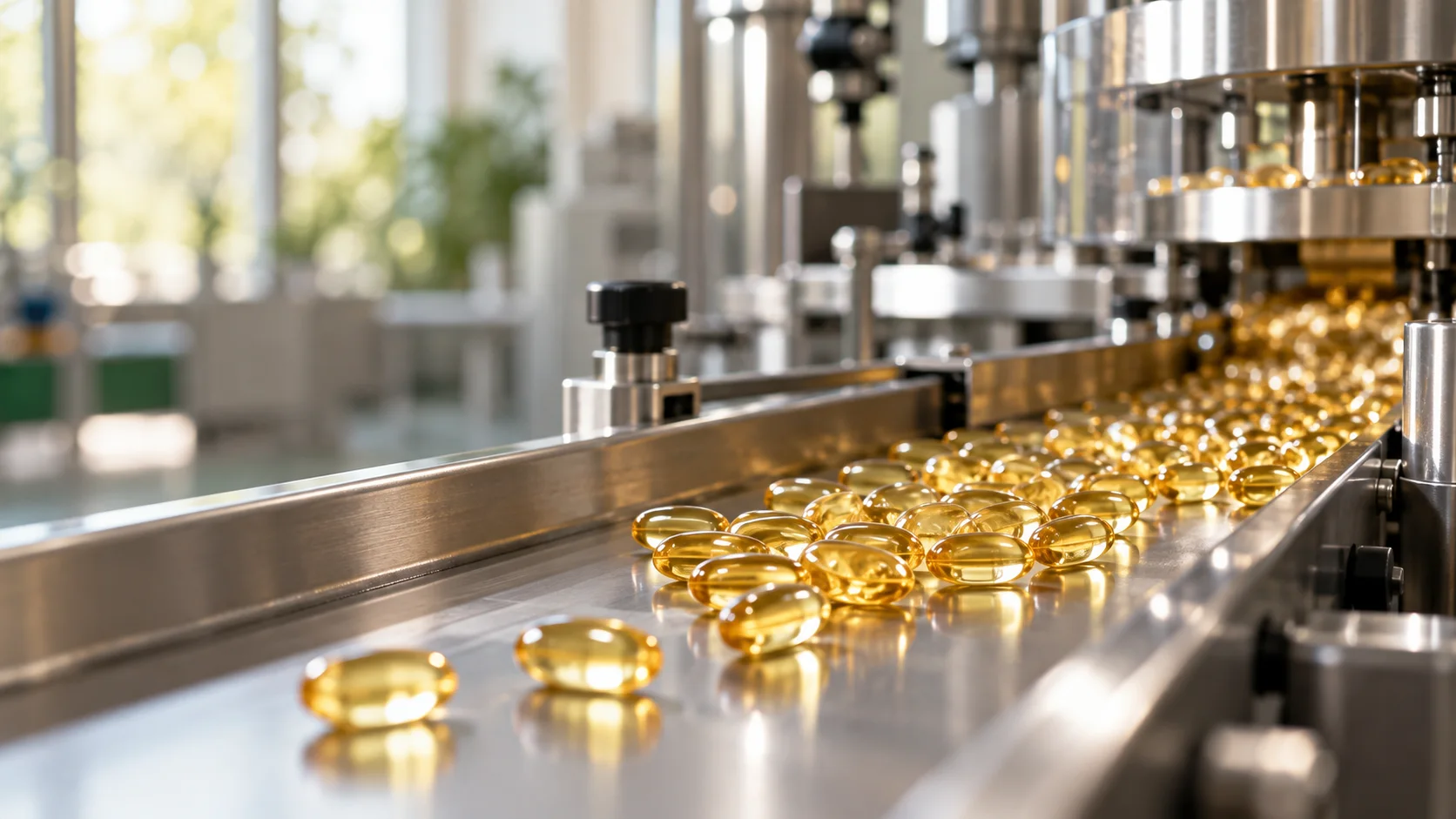Illustrative photography: Golden softgels and stainless capsule manufacturing equipment