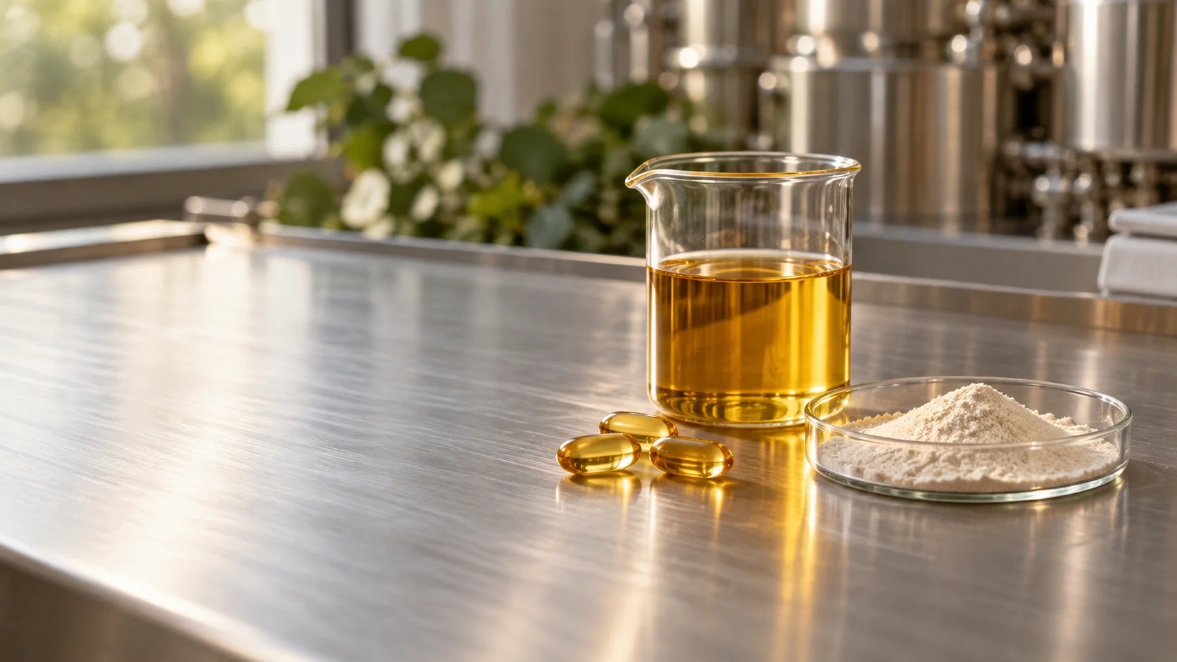 Illustrative photography: Fish-oil concentrate, softgels and ingredient powder on a stainless bench