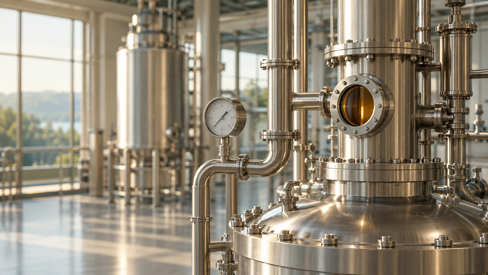Illustrative photography: Stainless refining vessels and controlled process pipework