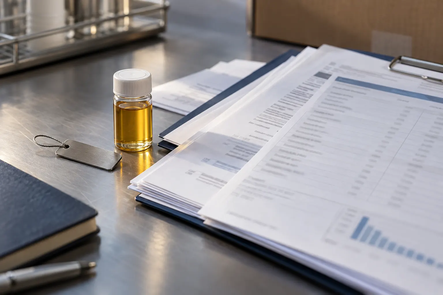 Batch documentation arranged beside an amber sample vial and lot tag