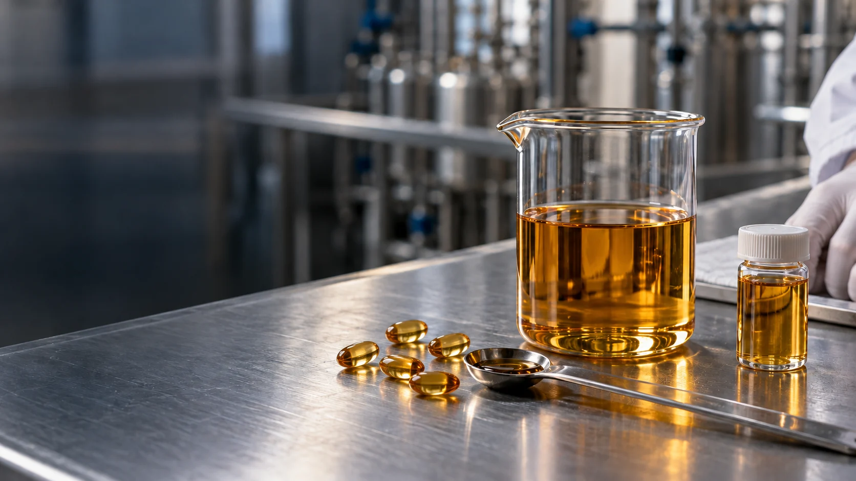 Amber ingredient oil, a sealed sample vial, metal spoon and fish-oil softgels on a stainless bench