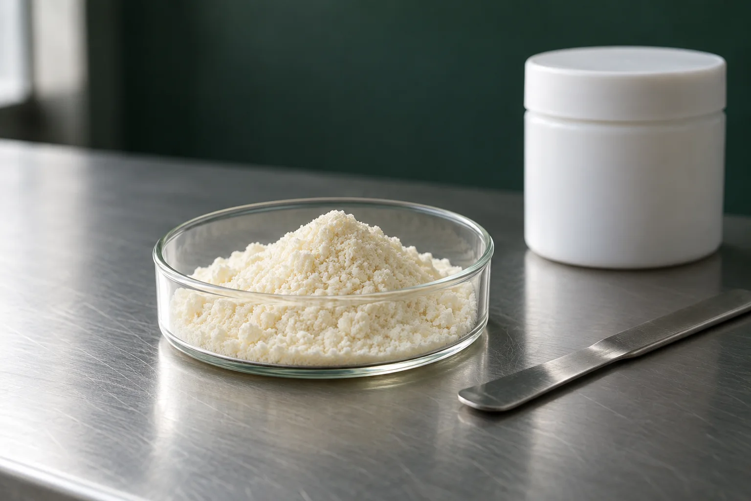 Illustrative ivory ingredient powder in a glass sampling dish