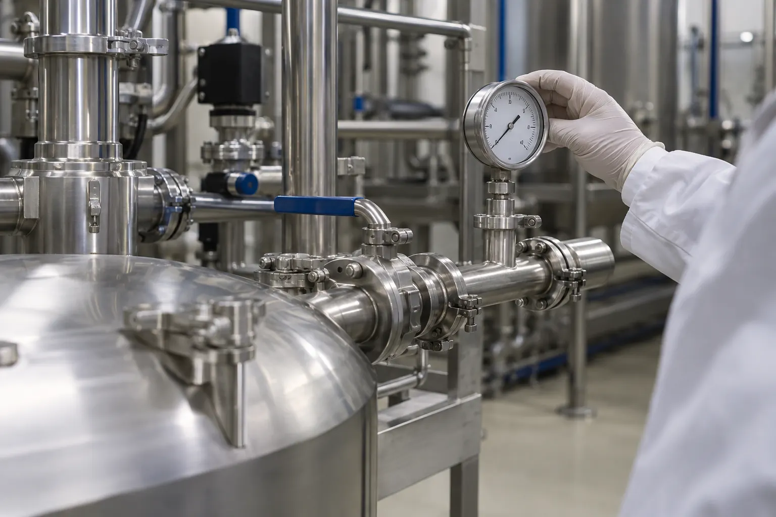 Technician checking a pressure gauge on a stainless transfer manifold