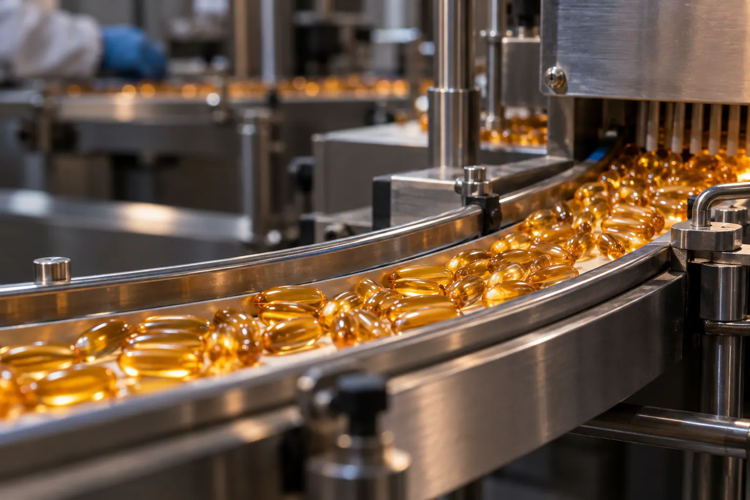 Unbranded softgels on a stainless inspection tray